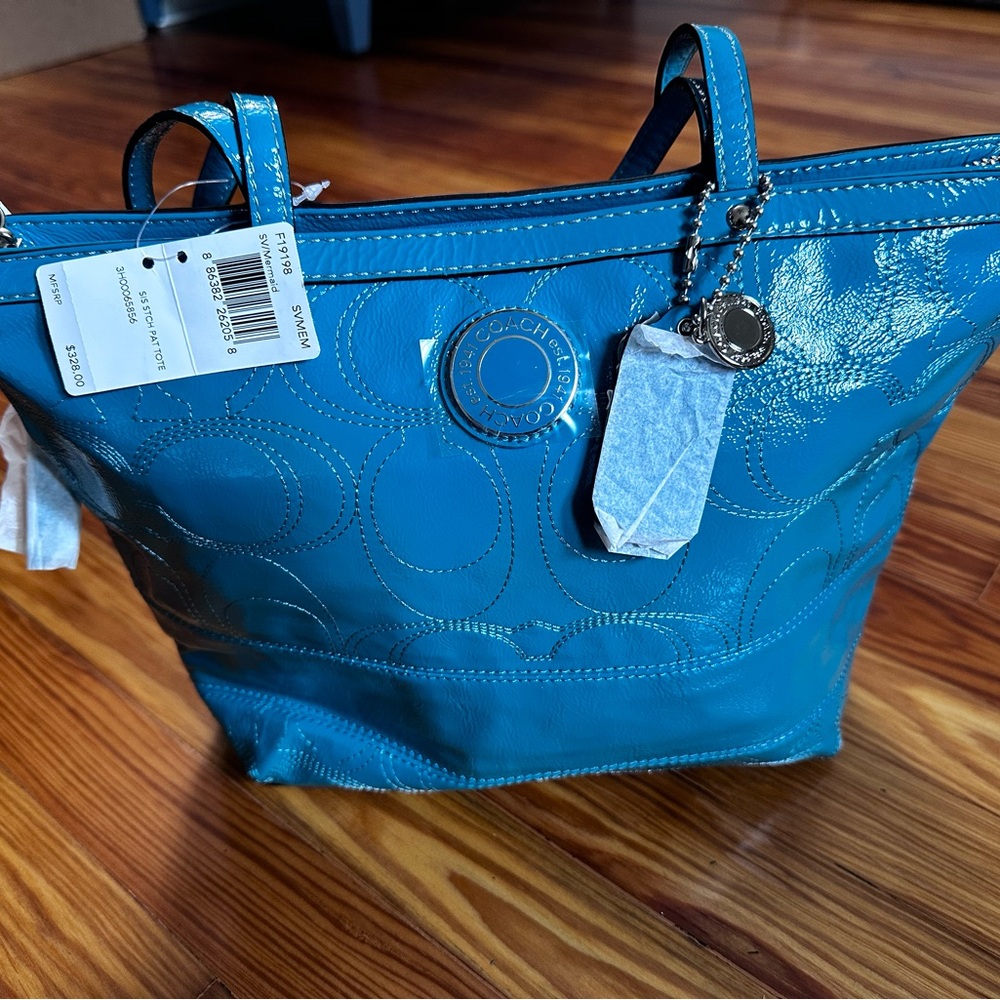 Coach Shiny Leather Teal Green/Blue Tote Bag